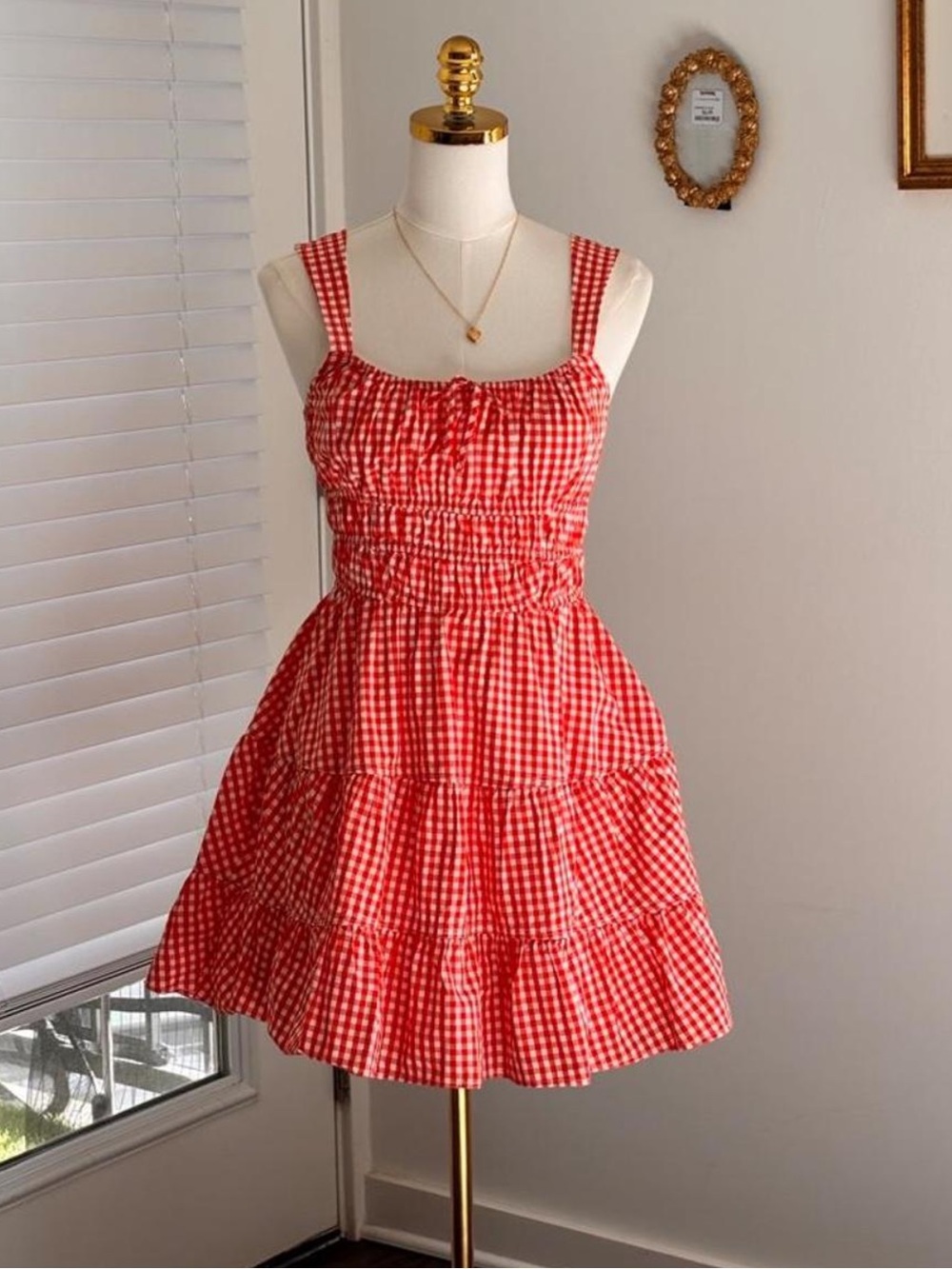 Aritzia Red Gingham Tiered Mini Dress